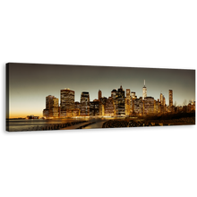 Load image into Gallery viewer, Manhattan Downtown Canvas Print, Brown New York City Skyline Wide Canvas, Grey Sky Cityscape Panoramic Canvas Wall Art
