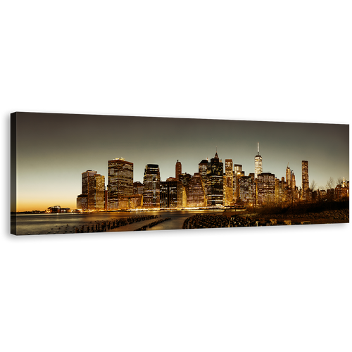 Manhattan Downtown Canvas Print, Brown New York City Skyline Wide Canvas, Grey Sky Cityscape Panoramic Canvas Wall Art