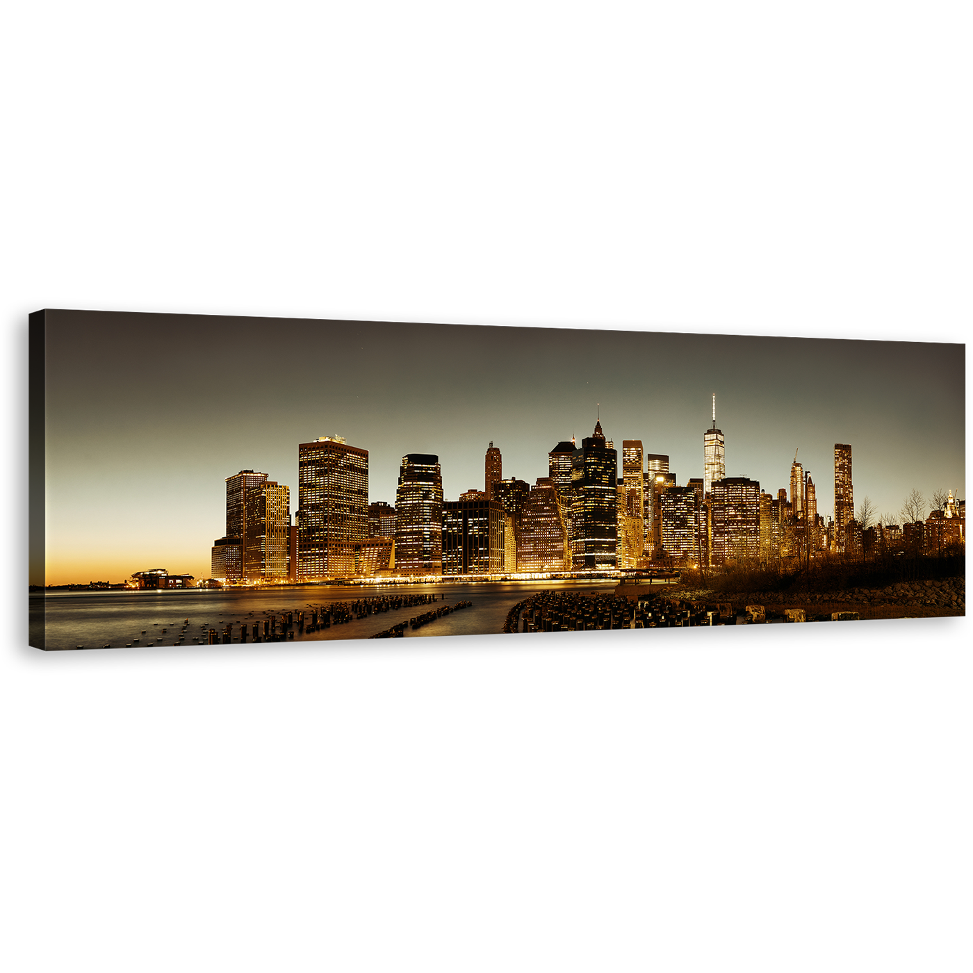 Manhattan Downtown Canvas Print, Brown New York City Skyline Wide Canvas, Grey Sky Cityscape Panoramic Canvas Wall Art