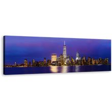 Load image into Gallery viewer, Manhattan Skyline Canvas Wall Art, Black New York at Night Canvas Artwork, Downtown Manhattan Blue Purple Sky 1 Piece Canvas Print
