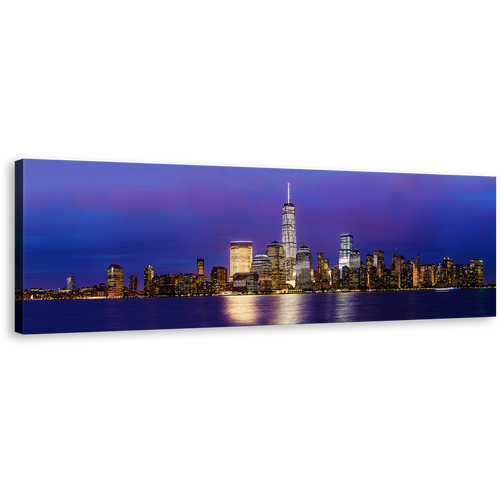 Manhattan Skyline Canvas Wall Art, Black New York at Night Canvas Artwork, Downtown Manhattan Blue Purple Sky 1 Piece Canvas Print