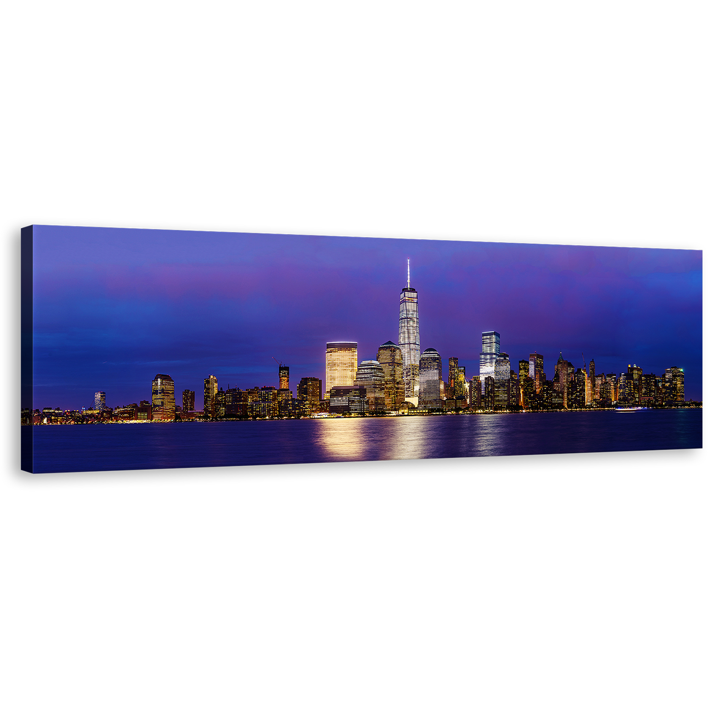 Manhattan Skyline Canvas Wall Art, Black New York at Night Canvas Artwork, Downtown Manhattan Blue Purple Sky 1 Piece Canvas Print