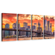 Load image into Gallery viewer, Manhattan Skyline Canvas Wall Art, Brown Downtown NYC 4 Piece Multiple Canvas, New York Yellow Orange Sky Canvas Print
