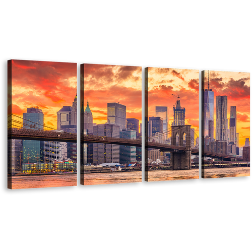 Manhattan Skyline Canvas Wall Art, Brown Downtown NYC 4 Piece Multiple Canvas, New York Yellow Orange Sky Canvas Print