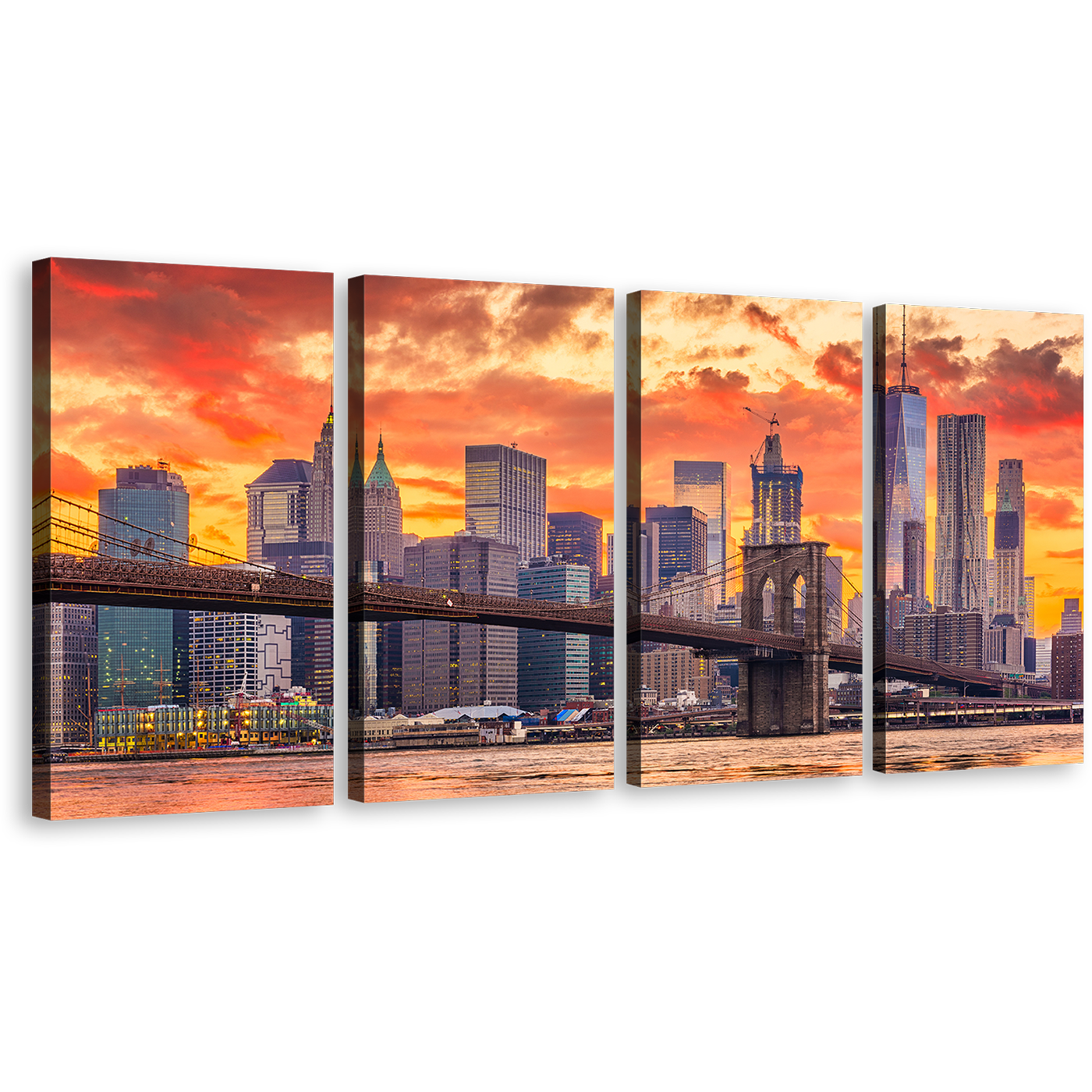 Manhattan Skyline Canvas Wall Art, Brown Downtown NYC 4 Piece Multiple Canvas, New York Yellow Orange Sky Canvas Print