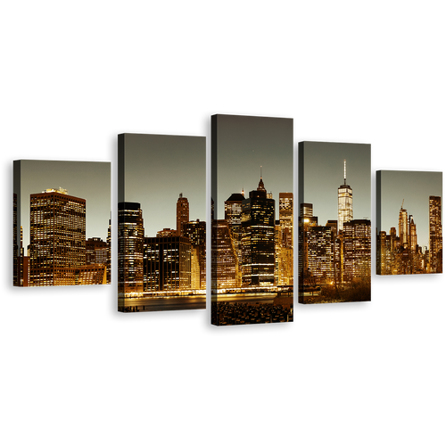 Manhattan Skyline Canvas Wall Art, Brown New York City Multi Canvas Artwork, Grey Sky Cityscape 5 Piece Canvas Print