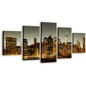 Manhattan Skyline Canvas Wall Art, Brown New York City Multi Canvas Artwork, Grey Sky Cityscape 5 Piece Canvas Print