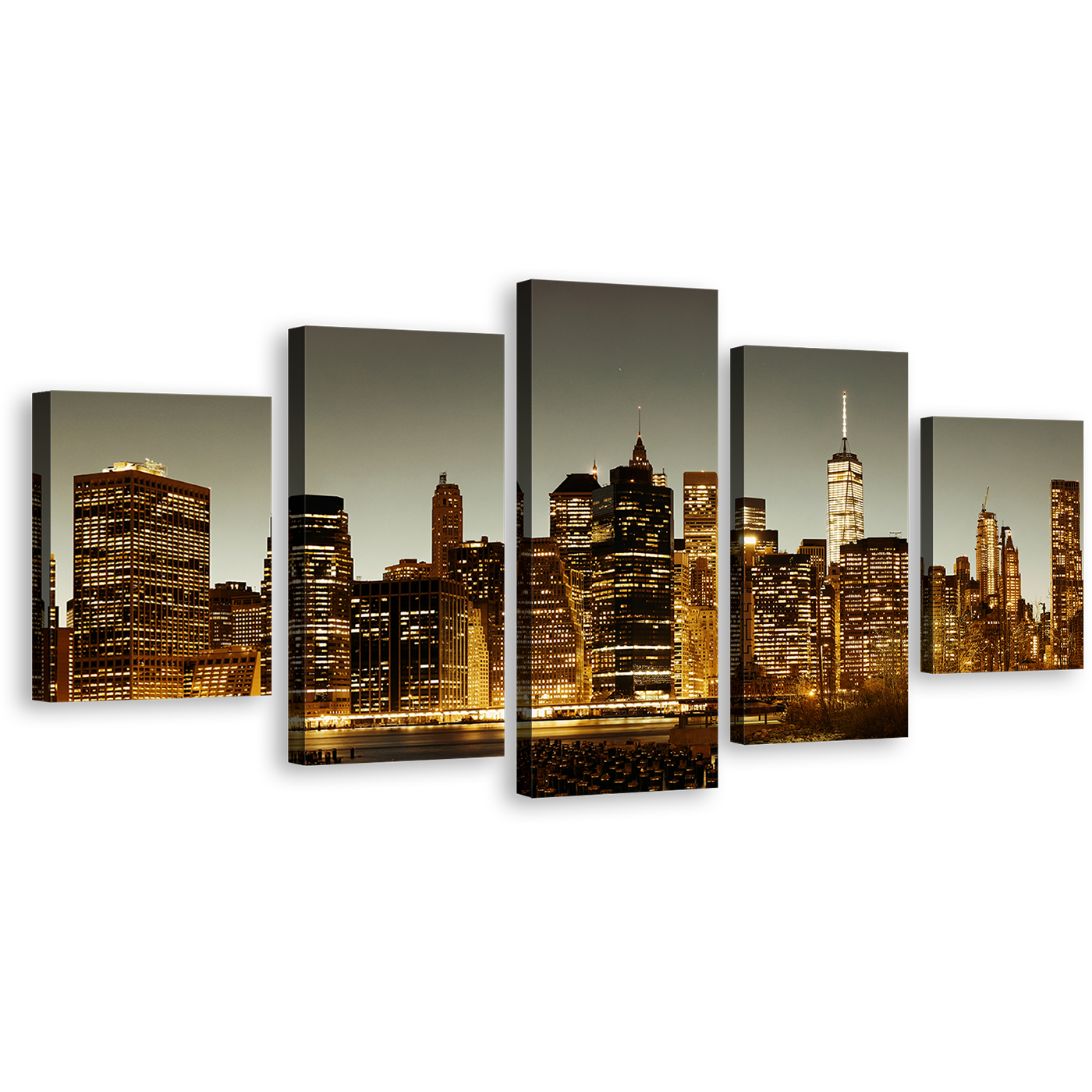 Manhattan Skyline Canvas Wall Art, Brown New York City Multi Canvas Artwork, Grey Sky Cityscape 5 Piece Canvas Print