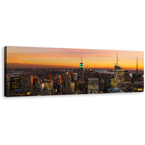 Manhattan Skyline Canvas Wall Art, Canada City Lights Yellow Sky Panoramic Canvas Print, Beautiful Grey New York City Canvas Artwork