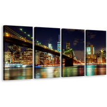 Load image into Gallery viewer, Manhattan Skyline Canvas Wall Art, Colorful New York City Lights 4 Piece Canvas Print, Blue Sky Brooklyn Bridge Cityscape Canvas Set
