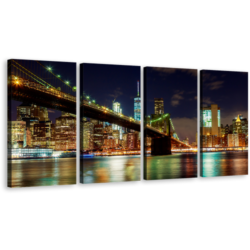 Manhattan Skyline Canvas Wall Art, Colorful New York City Lights 4 Piece Canvas Print, Blue Sky Brooklyn Bridge Cityscape Canvas Set