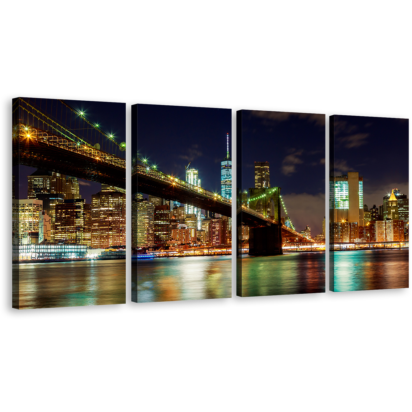 Manhattan Skyline Canvas Wall Art, Colorful New York City Lights 4 Piece Canvas Print, Blue Sky Brooklyn Bridge Cityscape Canvas Set