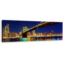 Load image into Gallery viewer, Manhattan Skyline Canvas Wall Art, New York Blue River Night Sky Panoramic Canvas Print, Yellow Brooklyn Bridge Night View Wide Canvas
