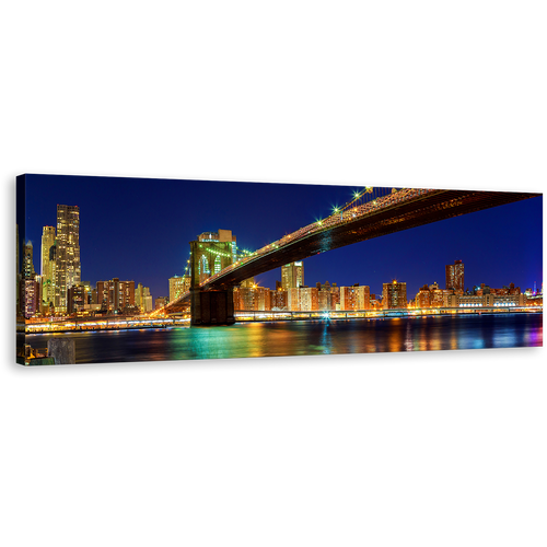 Manhattan Skyline Canvas Wall Art, New York Blue River Night Sky Panoramic Canvas Print, Yellow Brooklyn Bridge Night View Wide Canvas