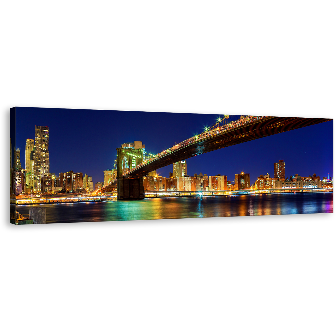 Manhattan Skyline Canvas Wall Art, New York Blue River Night Sky Panoramic Canvas Print, Yellow Brooklyn Bridge Night View Wide Canvas