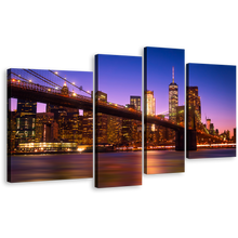 Load image into Gallery viewer, Manhattan Skyline Canvas Wall Art, New York Brown Brooklyn Bridge 4 Piece Canvas Print, Blue Sky Cityscape Canvas Set, Freedom Tower Night Multi Canvas
