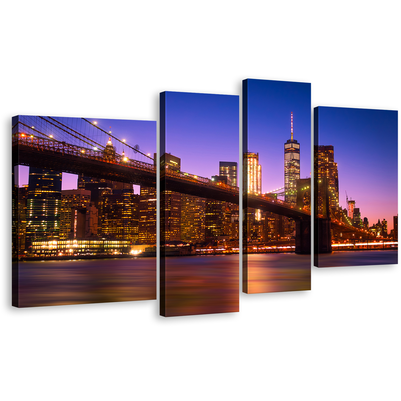 Manhattan Skyline Canvas Wall Art, New York Brown Brooklyn Bridge 4 Piece Canvas Print, Blue Sky Cityscape Canvas Set, Freedom Tower Night Multi Canvas