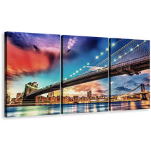 Load image into Gallery viewer, Manhattan Skyline Canvas Wall Art, New York Cityscape Digital Painting 3 Piece Canvas, Blue Sky Brooklyn Bridge Triptych Canvas Print
