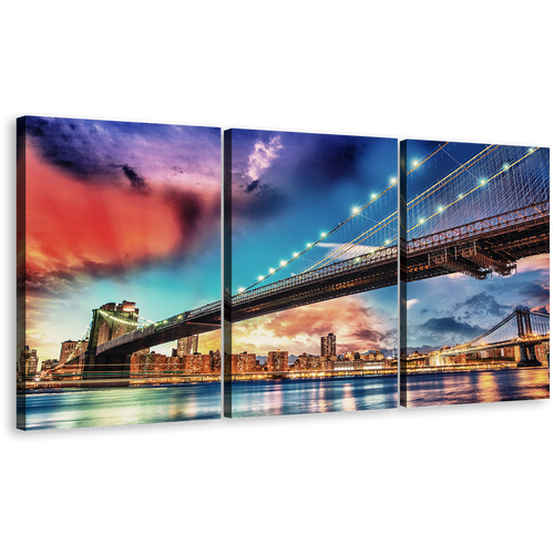 Manhattan Skyline Canvas Wall Art, New York Cityscape Digital Painting 3 Piece Canvas, Blue Sky Brooklyn Bridge Triptych Canvas Print