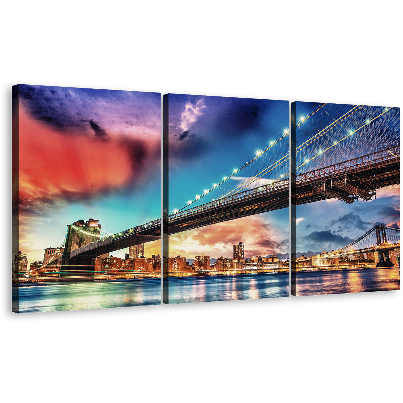 Manhattan Skyline Canvas Wall Art, New York Cityscape Digital Painting 3 Piece Canvas, Blue Sky Brooklyn Bridge Triptych Canvas Print