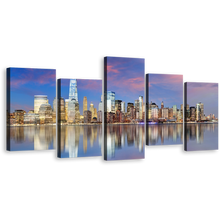 Load image into Gallery viewer, Manhattan Skyline Canvas Wall Art, Yellow New York City Multi Canvas Artwork, Downtown Manhattan Blue Sky 5 Piece Canvas Print
