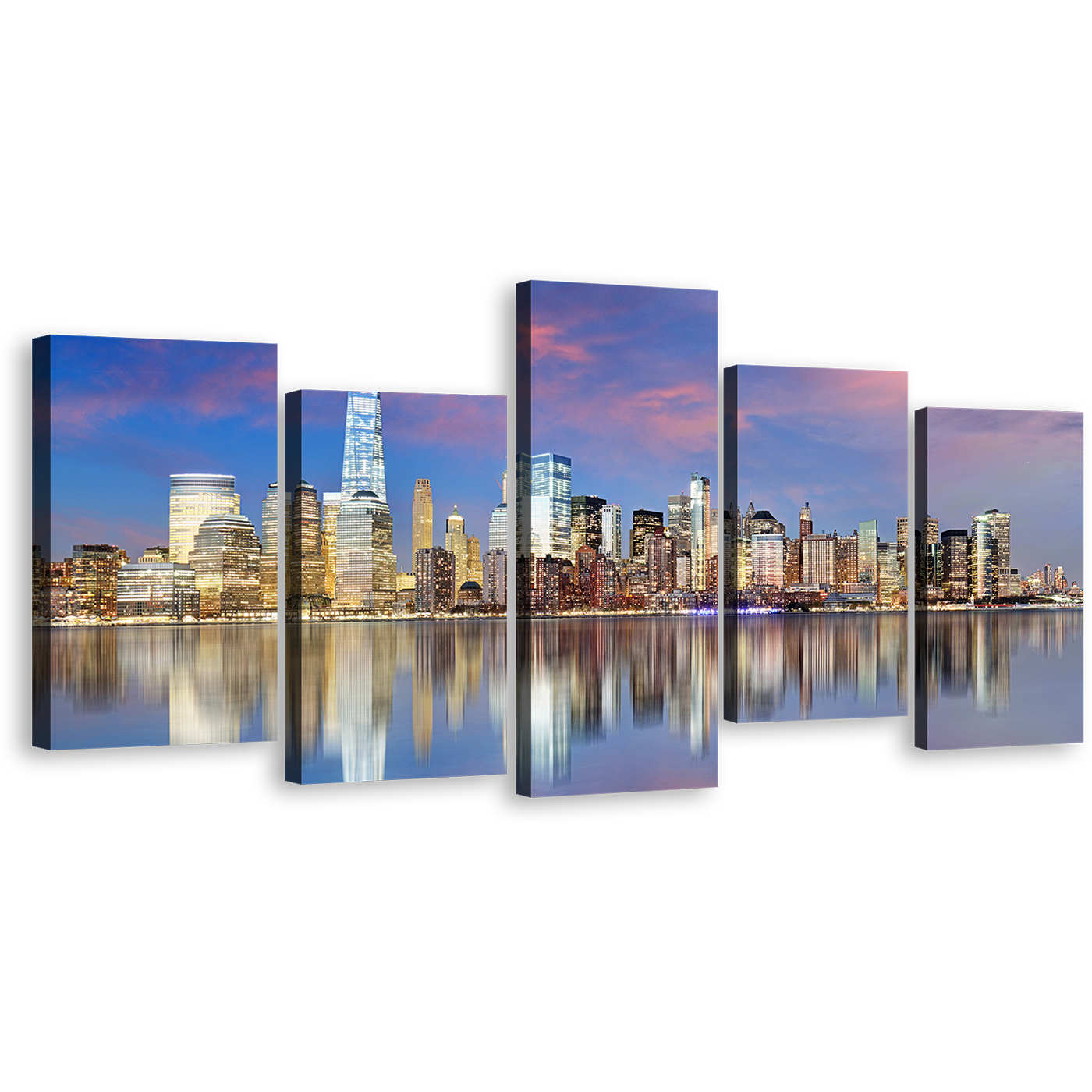 Manhattan Skyline Canvas Wall Art, Yellow New York City Multi Canvas Artwork, Downtown Manhattan Blue Sky 5 Piece Canvas Print