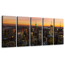 Load image into Gallery viewer, Manhattan Skyline Canvas Wall Art, Yellow Sky Empire State Building Canvas Print, Beautiful Grey New York City 5 Piece Multi Canvas Artwork
