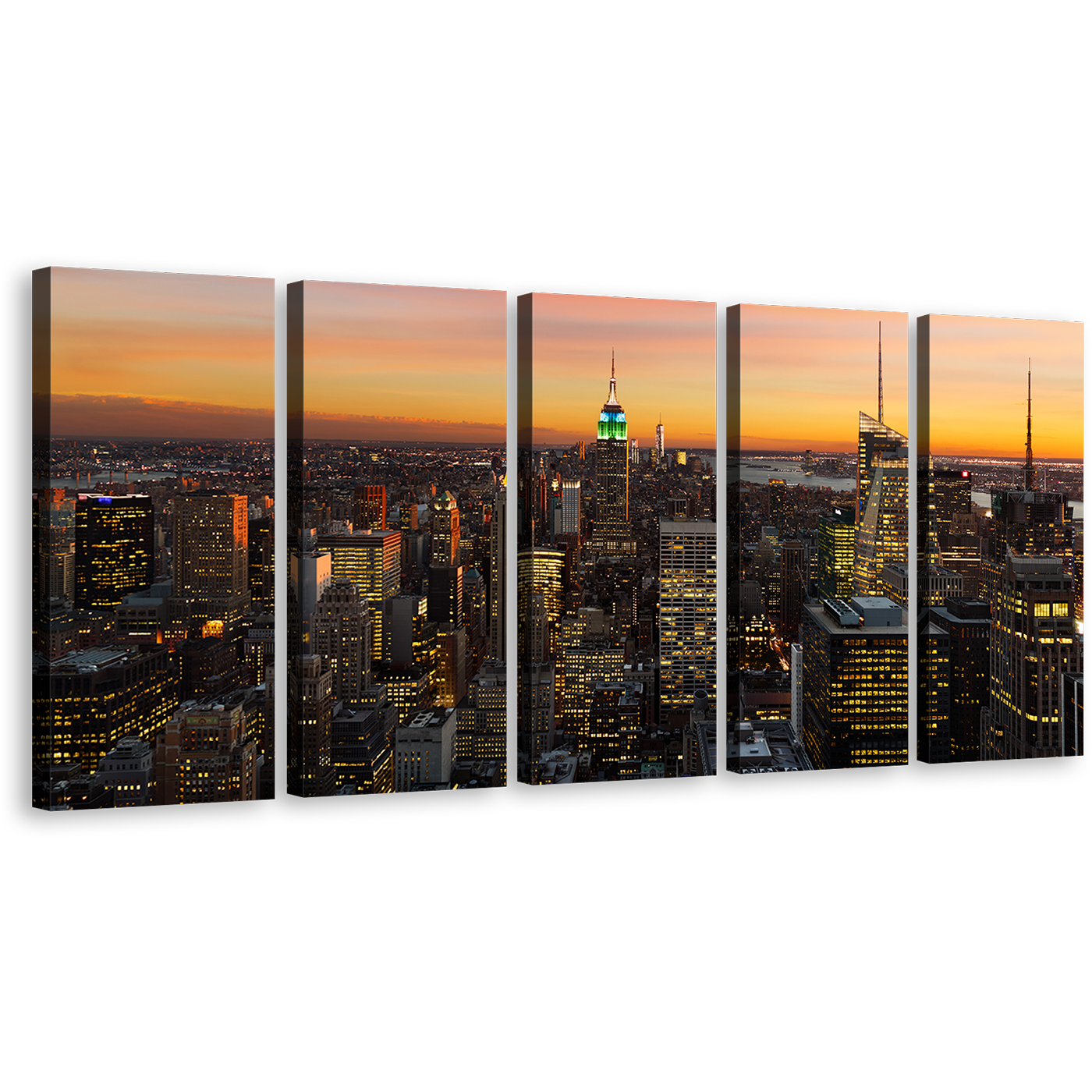 Manhattan Skyline Canvas Wall Art, Yellow Sky Empire State Building Canvas Print, Beautiful Grey New York City 5 Piece Multi Canvas Artwork