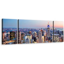 Load image into Gallery viewer, Manhattan Sunset Canvas Wall Art, Blue NYC at Dawn 3 Piece Canvas Print, Yellow New York City Skyline Triptych Multi Canvas
