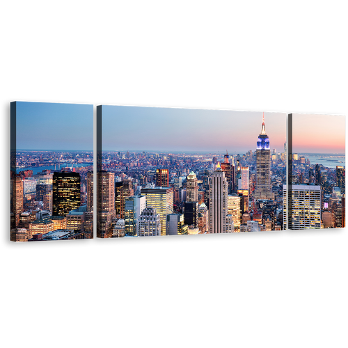 Manhattan Sunset Canvas Wall Art, Blue NYC at Dawn 3 Piece Canvas Print, Yellow New York City Skyline Triptych Multi Canvas