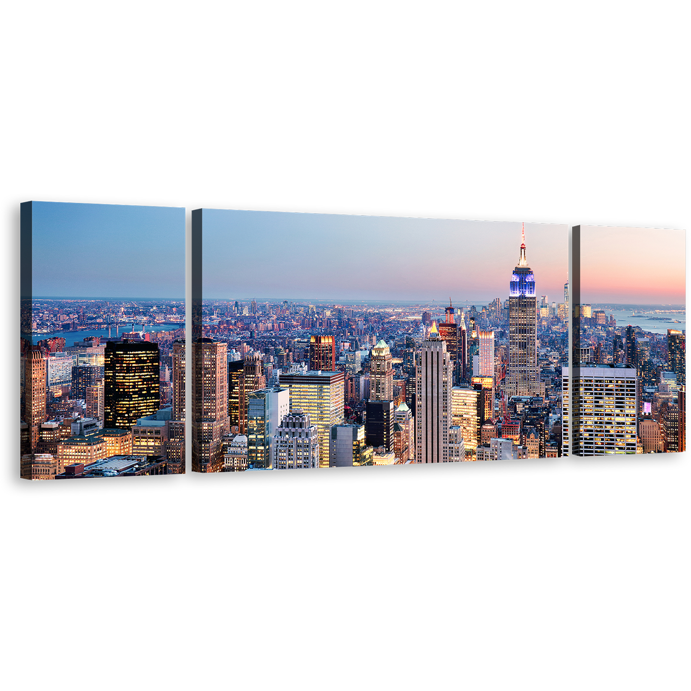 Manhattan Sunset Canvas Wall Art, Blue NYC at Dawn 3 Piece Canvas Print, Yellow New York City Skyline Triptych Multi Canvas