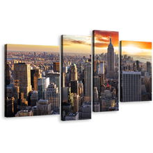 Load image into Gallery viewer, Manhattan Sunset Canvas Wall Art, Dramatic Yellow Orange Cloudy Sky Canvas Print, Grey New York City Skyline 4 Piece Multi Canvas Artwork
