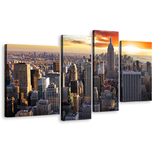 Manhattan Sunset Canvas Wall Art, Dramatic Yellow Orange Cloudy Sky Canvas Print, Grey New York City Skyline 4 Piece Multi Canvas Artwork