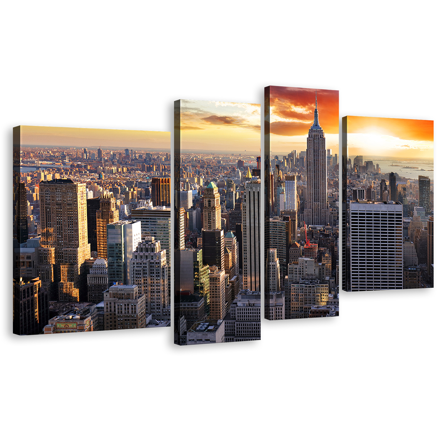 Manhattan Sunset Canvas Wall Art, Dramatic Yellow Orange Cloudy Sky Canvas Print, Grey New York City Skyline 4 Piece Multi Canvas Artwork