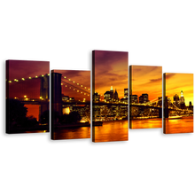 Load image into Gallery viewer, Manhattan Sunset Wall Art, Orange Yellow Cityscape Sunset Multi Canvas, Black New York Brooklyn Bridge 5 Piece Canvas Print
