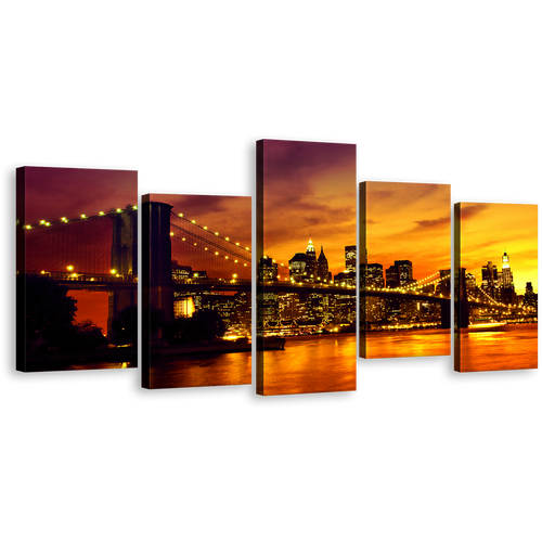 Manhattan Sunset Wall Art, Orange Yellow Cityscape Sunset Multi Canvas, Black New York Brooklyn Bridge 5 Piece Canvas Print