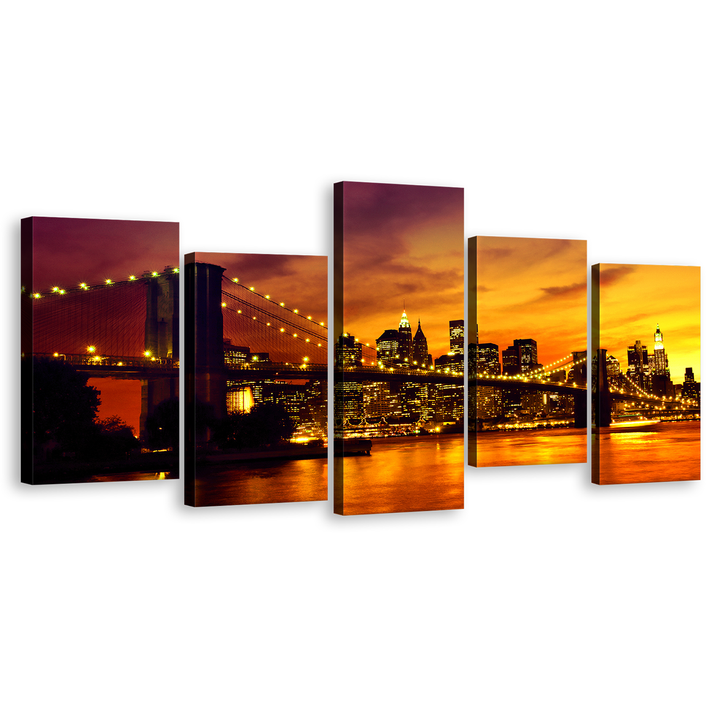 Manhattan Sunset Wall Art, Orange Yellow Cityscape Sunset Multi Canvas, Black New York Brooklyn Bridge 5 Piece Canvas Print