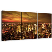 Load image into Gallery viewer, Manhattan Twilight Canvas Print, Dramatic Yellow Cloudy Sky 3 Piece Wall Art, Beautiful Brown City Skyline Multi Canvas
