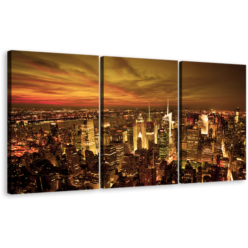 Manhattan Twilight Canvas Print, Dramatic Yellow Cloudy Sky 3 Piece Wall Art, Beautiful Brown City Skyline Multi Canvas