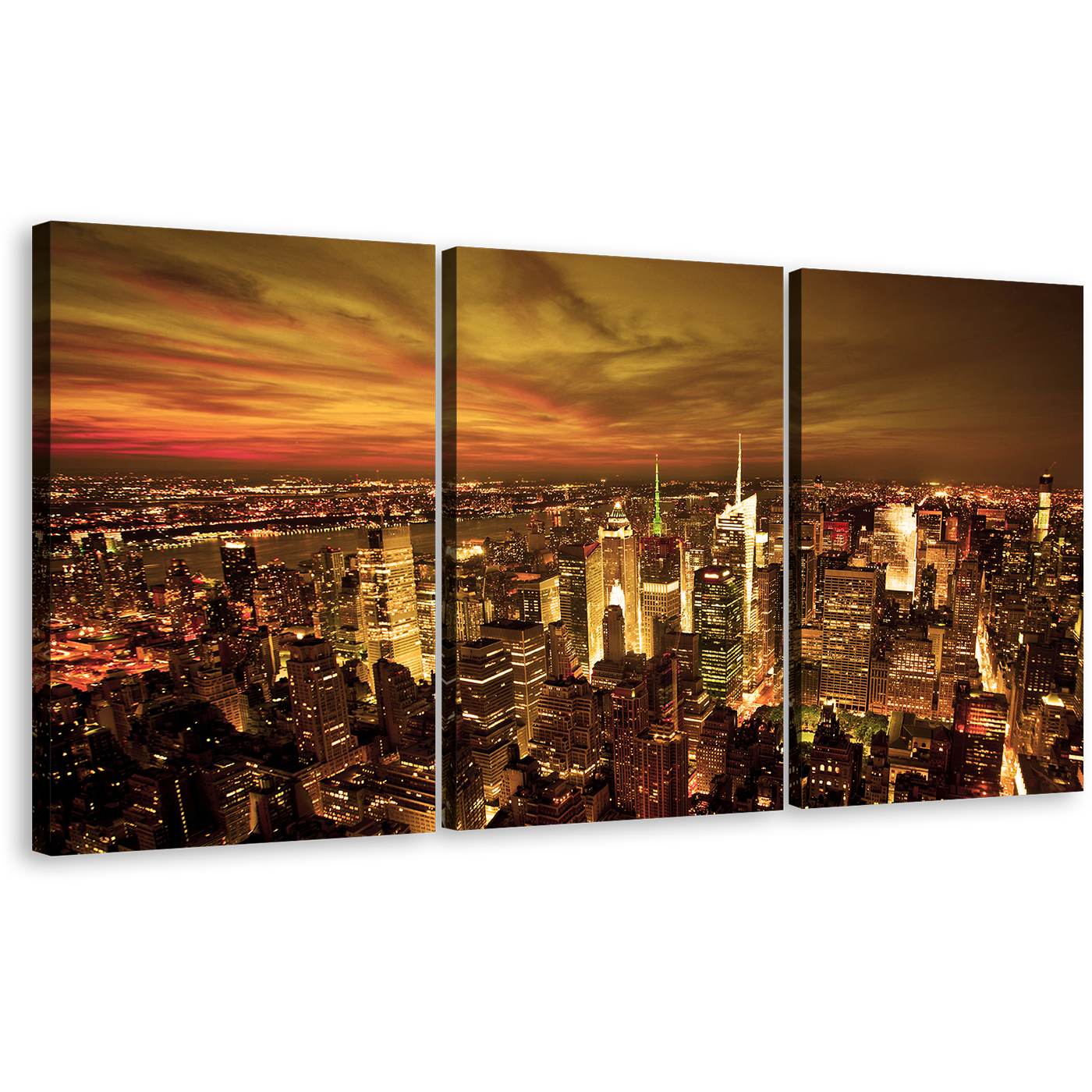 Manhattan Twilight Canvas Print, Dramatic Yellow Cloudy Sky 3 Piece Wall Art, Beautiful Brown City Skyline Multi Canvas