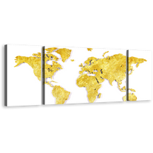 Load image into Gallery viewer, Map Continents Canvas Print, White Background Yellow World Map 3 Piece Multi Canvas Artwork, Gold Abstract World Triptych Canvas Wall Art
