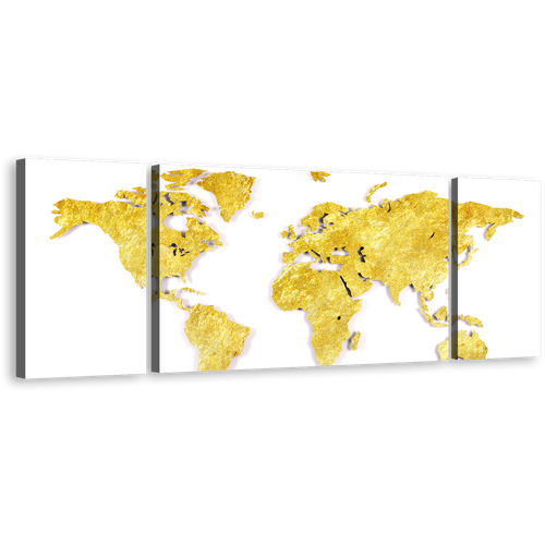 Map Continents Canvas Print, White Background Yellow World Map 3 Piece Multi Canvas Artwork, Gold Abstract World Triptych Canvas Wall Art