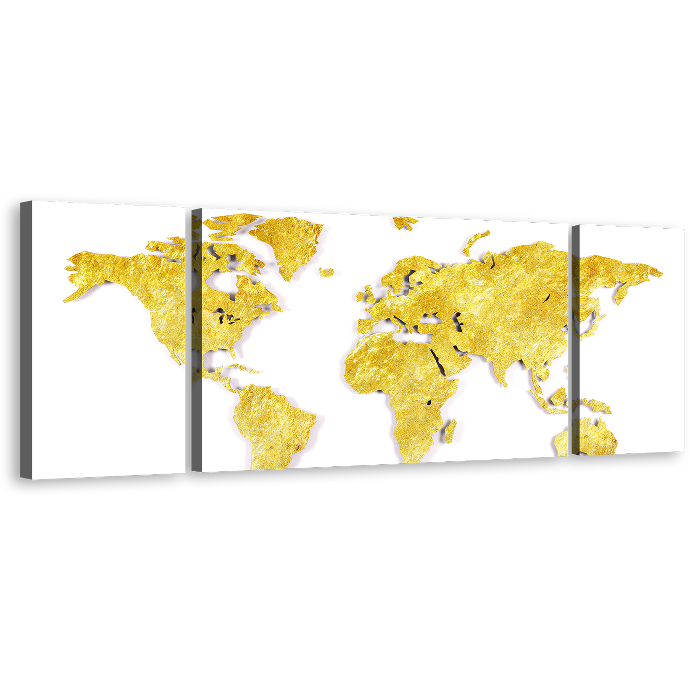 Map Continents Canvas Print, White Background Yellow World Map 3 Piece Multi Canvas Artwork, Gold Abstract World Triptych Canvas Wall Art