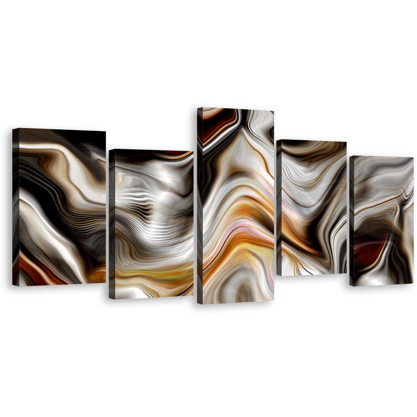 Marble Stone Canvas Print, Golden Abstract Marble 5 Piece Canvas Set, Black Marble Modern Abstract Canvas Wall Art