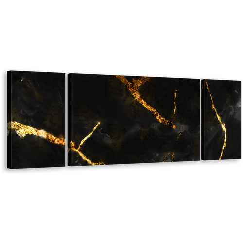 Marble Stone Canvas Wall Art, Ceramic Abstract Art Print, Black Gold Marble 3 Piece Canvas Set