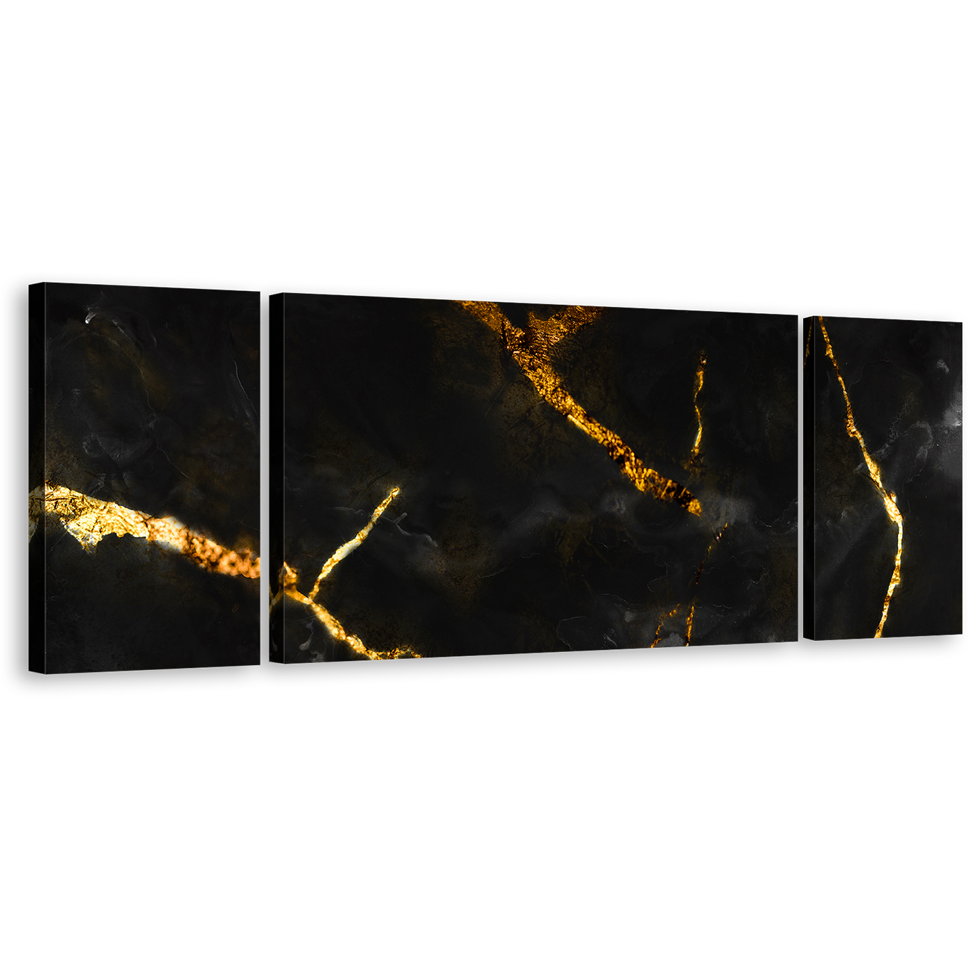 Marble Stone Canvas Wall Art, Ceramic Abstract Art Print, Black Gold Marble 3 Piece Canvas Set