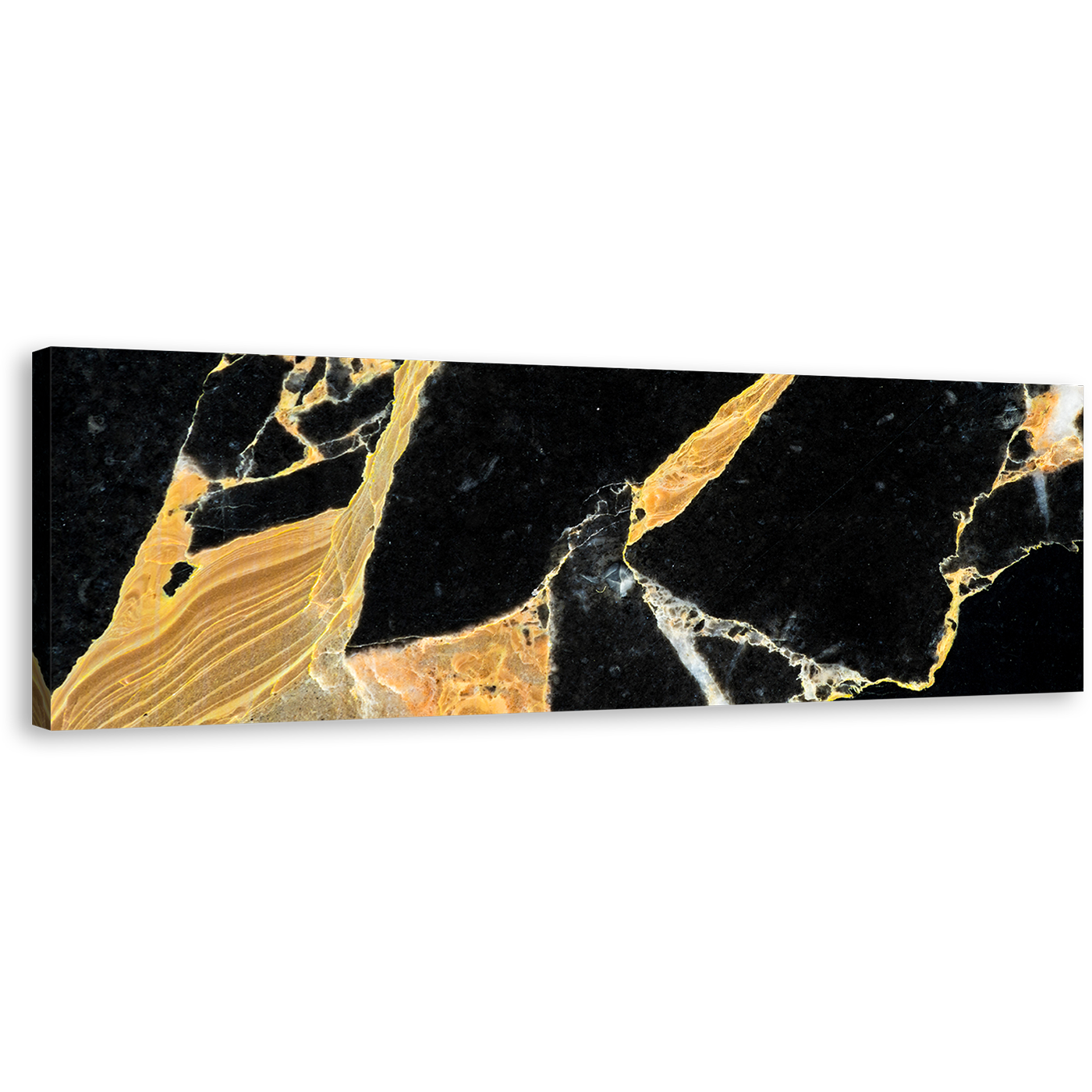 Marble Stone Canvas Wall Art, Golden Black Abstract Marble Panoramic Canvas, Marble Artwork Print