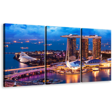 Load image into Gallery viewer, Marina Bay Canvas Print, Yellow Cityscape Lights Ship Triptych Multi Canvas, Blue Singapore Landscape 3 Piece Canvas Wall Art
