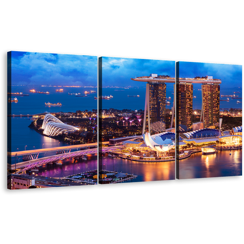 Marina Bay Canvas Print, Yellow Cityscape Lights Ship Triptych Multi Canvas, Blue Singapore Landscape 3 Piece Canvas Wall Art