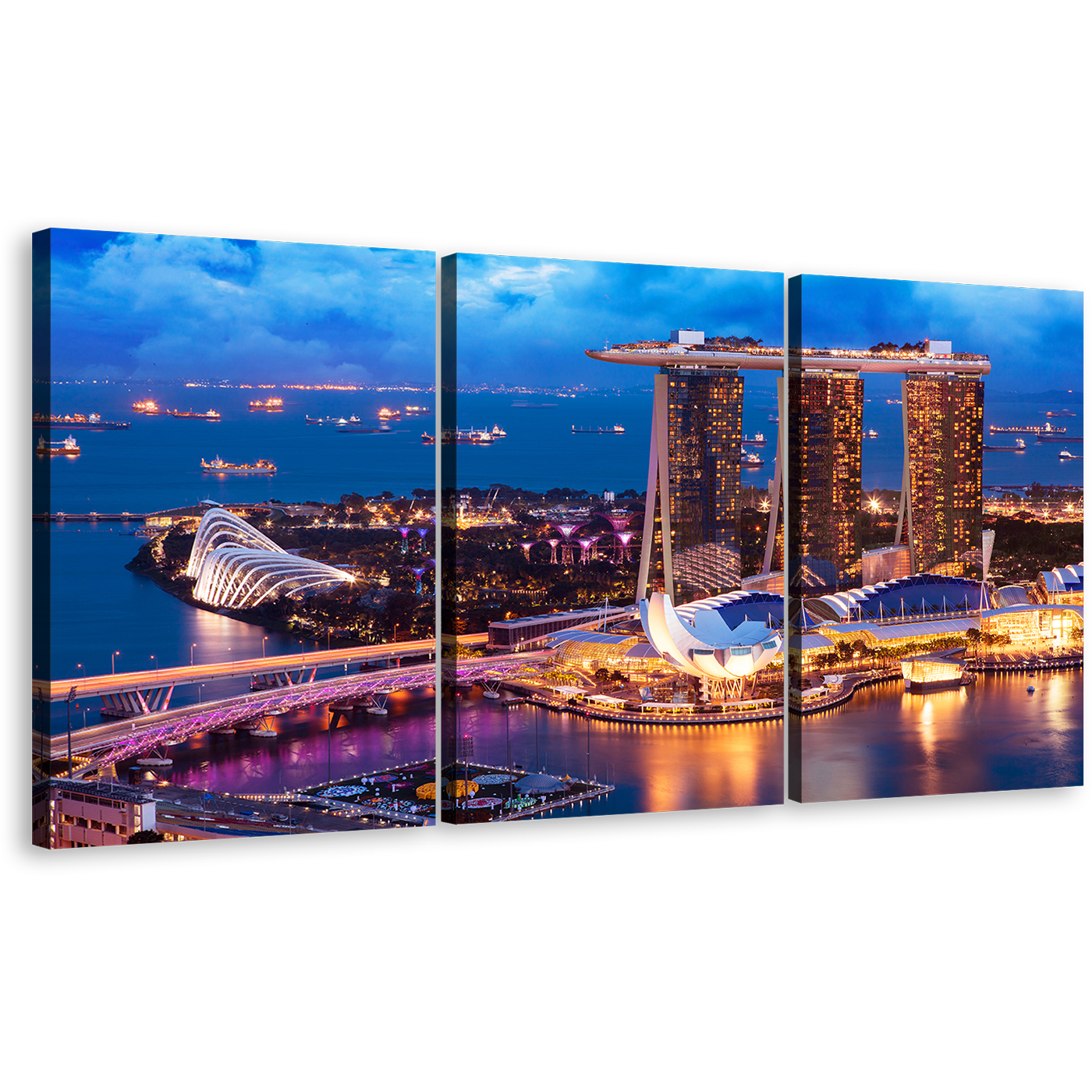 Marina Bay Canvas Print, Yellow Cityscape Lights Ship Triptych Multi Canvas, Blue Singapore Landscape 3 Piece Canvas Wall Art